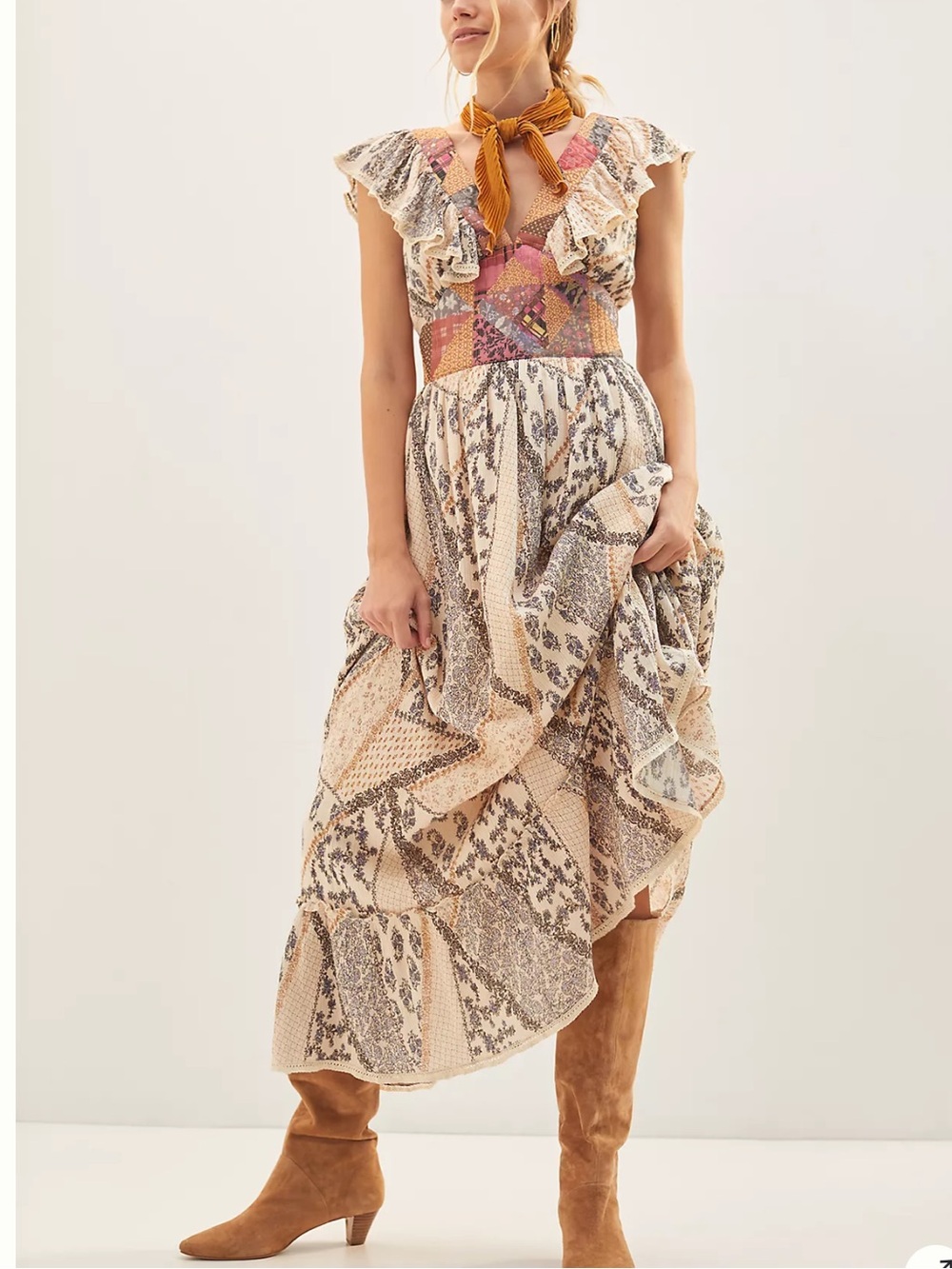 Anthropologie Cream & Tan Printed Ruffle Maxi Dress